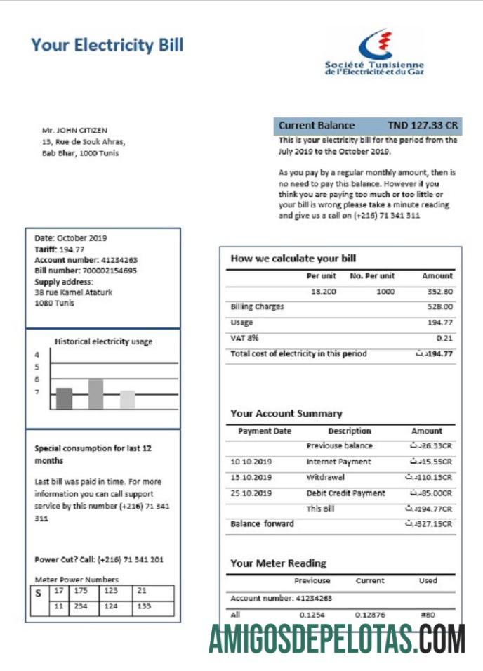 imprimível Modelo de comprovante de endereço de eletricidade na Tunísia em formato Word e PDF